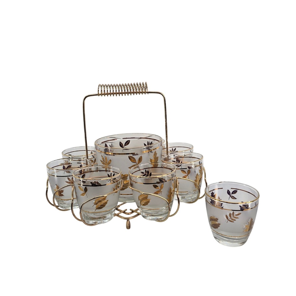 Vintage Libbey Golden Foliage Frosted Glass Set 8 Rocks Glasses Ice Bucket Caddy